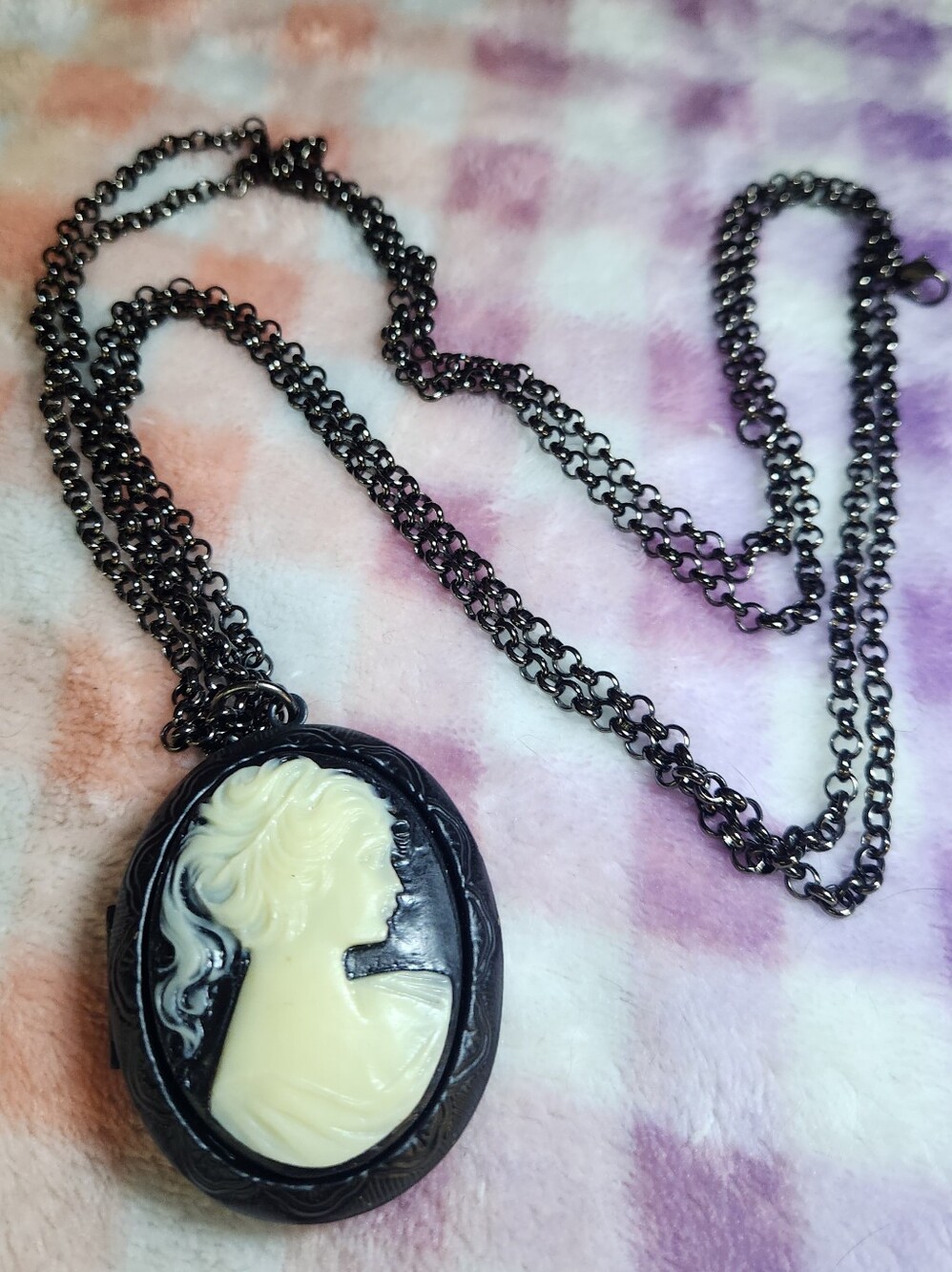 "Excuse Me, Madam" Vintage-Style Black Locket Pendant Necklace w/ Cream Profile